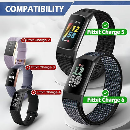 Sport Loop Nylon Watch Bands Compatible with Fitbit Charge 6/5, Adjustable Breathable Replacement Soft Nylon Loop Wristband for Women/Men