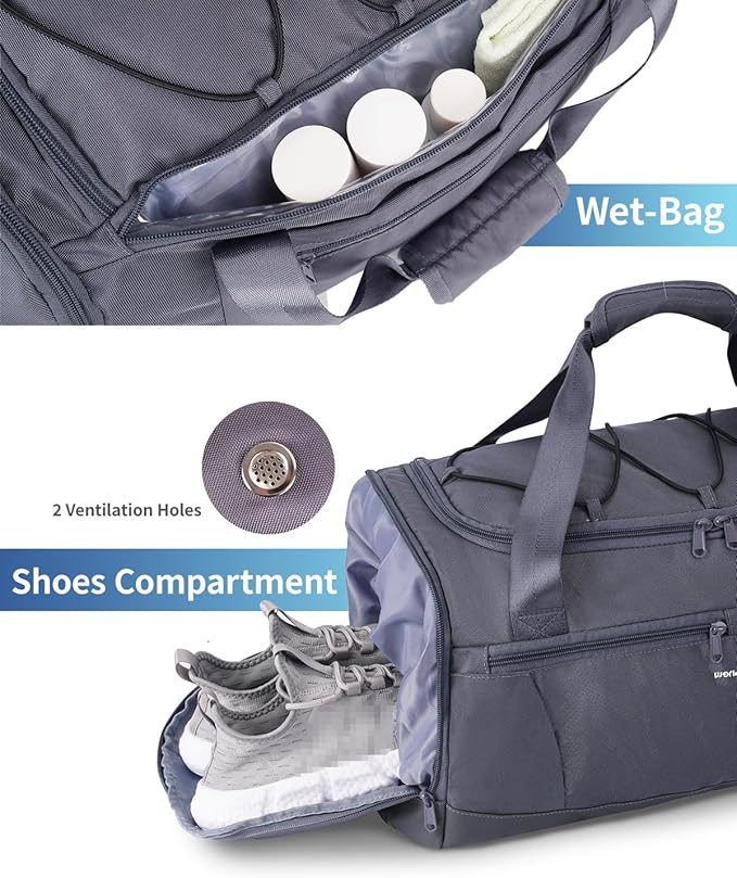 Sportsnew Gym Bag for Women with Shoe Compartment Wet Pocket and Yoga Mat Holder,Mens Duffel Bag for Travel with Laptop Compartment,Weekender Overnight Carry On Bag for Men(Grey Patent Pending)