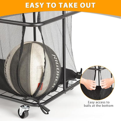 HEOMU Ball Storage Bin Rolling Garage Ball Storage Cart with Lockable Wheels, Metal Frame Mesh Basket Organizer with Zipper for Indoor Outdoor, Sports Equipment Organizer for Garage Gym School, Black