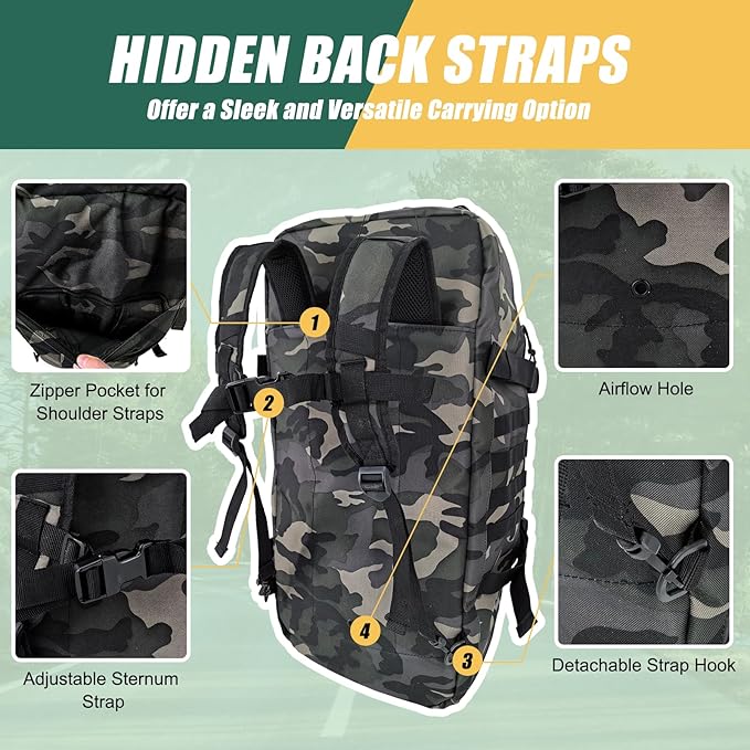 55L Large Travel Gym Duffle Bag Military Tactical Backpack, Army Pack 3 Day Bug Out Bag Rucksack for Outdoor Sport Hiking Camping with Molle System, Black Camo