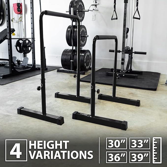 Synergee Dip Bar. Adjustable Dip Station from 30????39??for Dips, Inverted Pull Ups. Max capacity 400 lbs. Portable Dip Stand for Total Body Workout. Available in Yellow and Black.