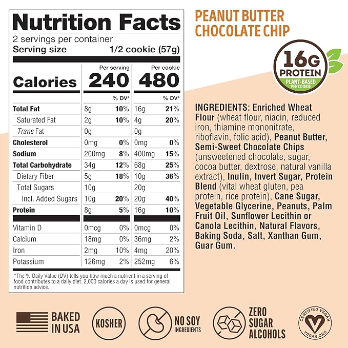 Lenny & Larry's The Complete Cookie, Peanut Butter Chocolate Chip, Soft Baked, 16g Plant Protein, Vegan, Non-GMO, 4 Ounce Cookie (Pack of 12)