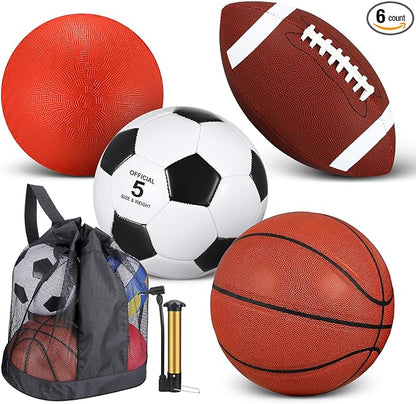 Lenwen 4 Pcs Sports Balls Set, Include Official Size Basketball Soccer Football Playground Ball Pump Equipment Bag for Teen Adult Gift Operation Christmas Ball Gifts