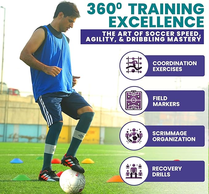 Soccer Cones 100/50/25 Pack with Carry Bag & Holder Five Colors | Agility Disc Cones Set for Training | Sports Practice Equipment for Soccer, Football, Basketball, Coaching & Speed