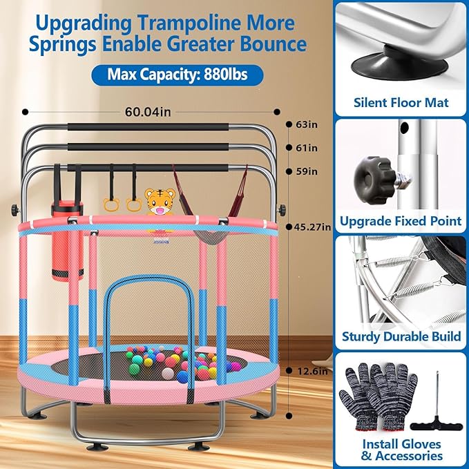 60" Toddler Trampoline for Kids, 5FT Adjustable Trampoline Indoor Outdoor with Enclosur Net, Mini Trampoline for Kids 3-10, 880lbs Capacity, Adjustable Gymnastics Bar, Basketball Hoop, Swing