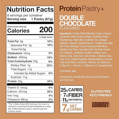 Legendary Foods 22g Protein Pastry+ Double Chocolate, Low Carb Meal Replacement Bar, Low Glycemic, Gluten Free Protien Snacks, Healthy Keto Snack, 8 Zero Sugar Energy Bars, Bariatric Diabetic Friendly