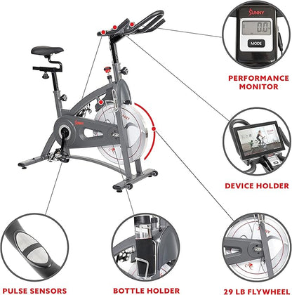 Sunny Health & Fitness Indoor Cycling Exercise Bike w/Pulse Sensors & 4-Way Adjustable Seat, Stationary Home Cardio Training Machine w/Micro-Adjustable Magnetic Resistance for Intensive Cardio Session