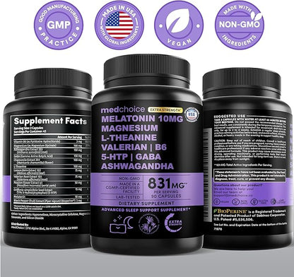 12-in-1 Melatonin Sleep Capsules - 10mg Melatonin Extra Strength with Magnesium and Balanced Blend of Ashwagandha, GABA, Chamomile Extract, L-Theanine & Valerian Root 10:1 Extract (90ct)
