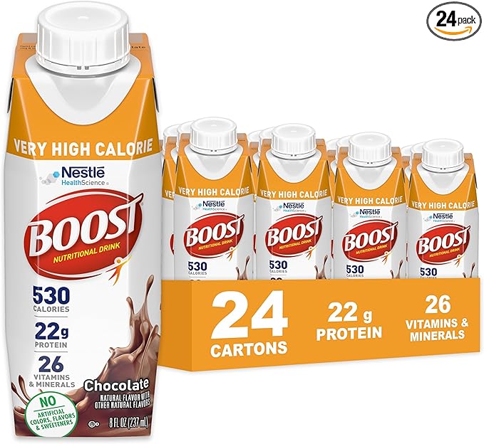 BOOST Very High Calorie Nutritional Drink ??Helps Weight Gain & Maintenance - 530 Calories - 26 Vitamins & Minerals - 22 g Protein - Calorie-Dense Nutritional Drink - Chocolate - 8 fl oz (Pack of 24)