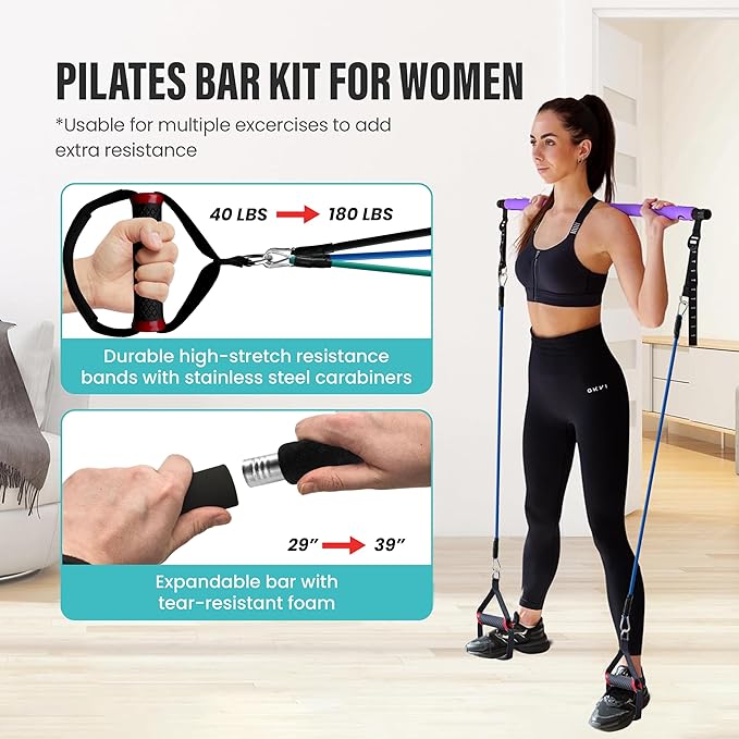 Upgraded Pilates Bar Kit ??39??Adjustable Exercise Equipment for Men, Women with 6X 20, 30, 40 lbs Resistance Bands with Adjustment Buckle ??Pilates Equipment for Home Workouts for All Fitness Levels