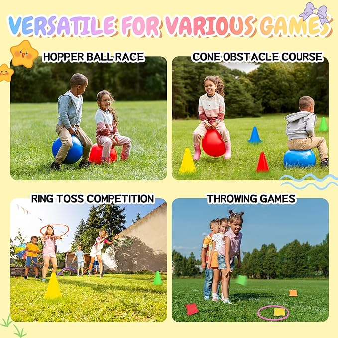 35PCS 4 in 1 Carnival Outdoor Games Combo Set for Kids, Soft Plastic Cones Bean Bags Ring Toss Game, Activity Agility Set with 2 PCS 18" Hopper Balls, Birthday Party Yard Lawn Games