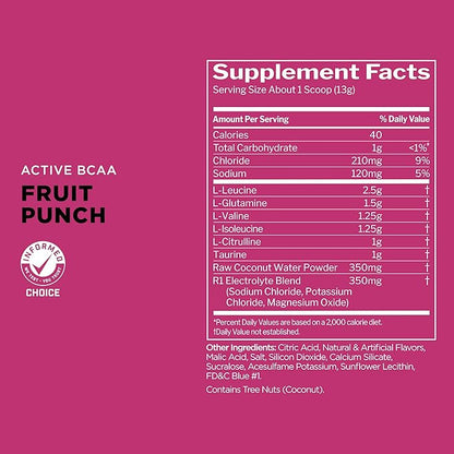 Rule 1 Active BCAA - Performance, Hydration, and Recovery Support with 5g BCAAs + Electrolytes, L-Glutamine, and Citrulline (30 Servings, Fruit Punch)