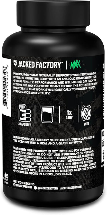 Jacked Factory Primasurge Max Testosterone Booster for Men - Natural Testosterone Supplement with Tongkat Ali, Fadogia Agrestis & Sensoril Ashwagandha - Test Booster for Muscle Mass - 90 Count