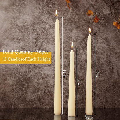 MTLEE Multi Height Beige Taper Candles - Unscented, 8/10/12 Inch, 8 Hour Burn Time, Perfect for Dinner Parties & Home Decoration (36 Pack)