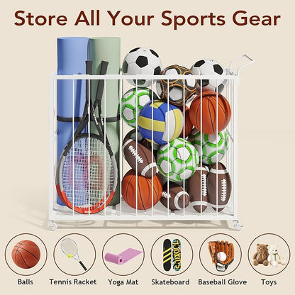 Ball Storage Bin Rolling Sports Ball Cart, Metal Garage Organizer Sport Rack, Ball Basket Storage, Ball Cage for Garage or Gym, Indoor & Outdoor Sports Equipment Organizer