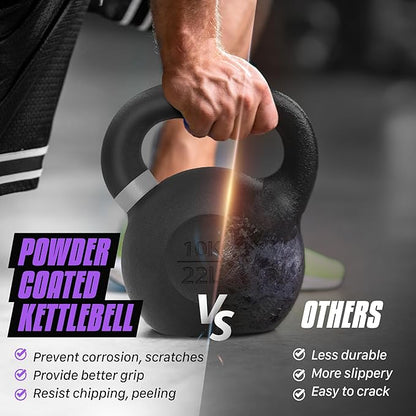 Yes4All Kettlebell, Heavy Duty Powder Coated Cast Iron Kettlebells, Non-Slip Handle & Flat Bottom for Conditioning, Strength Training & Full Body Exercises at Home Gym - Single & Pair