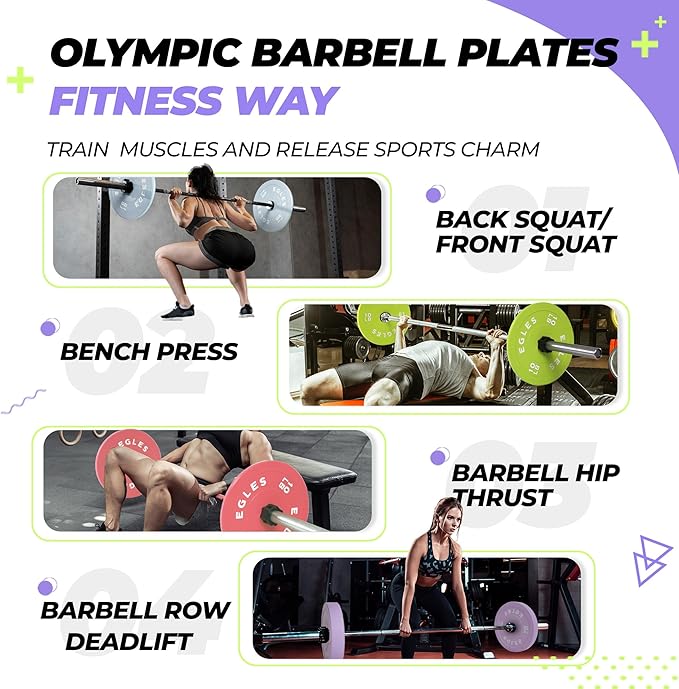 EGLES Vibrant Colorful Olympic Weight Plates, Rubber Barbell Plates, 2-inch Standard Virgin Rubber Bumper Plate 10 15 25 35 45LB for Home Gym Weightlifting, Strength Training, Fit Workouts