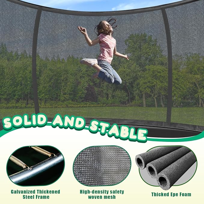 Trampoline 12FT 14FT 15FT 16FT for Kids/Adults - Outdoor Recreational with Enclosure Net Curved Poles and Ladder, Heavy Duty Anti-Rust Coating, ASTM Approval
