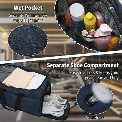 21 inch Gym Bag for Men with Shoe & Wet Compartment - 55L Duffle Bag for Travel Sport (Navy Blue)