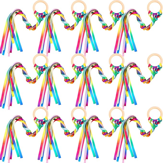 12 Pcs Rainbow Ribbon Wooden Waldorf Toys Creative Waldorf Hand Kite Set Streamers with Wood Ring Sensory Learning Educational Toy for Playroom Dancing Birthday (Gradient Color)