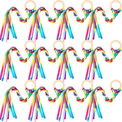 12 Pcs Rainbow Ribbon Wooden Waldorf Toys Creative Waldorf Hand Kite Set Streamers with Wood Ring Sensory Learning Educational Toy for Playroom Dancing Birthday (Gradient Color)
