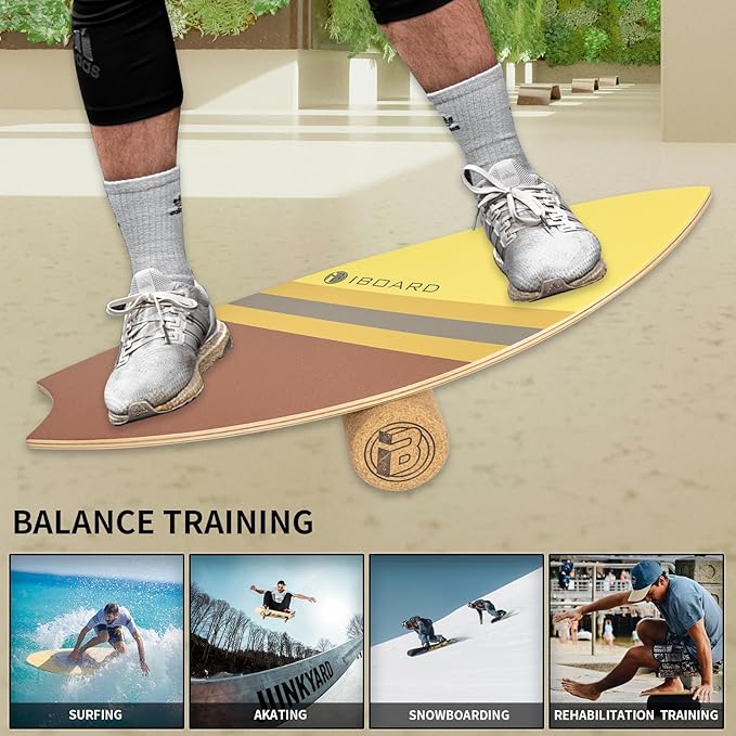 Premium Balance Board Trainer With Rollers - 10 Layer Wooden Exercise Non-slip Surface Fish Tail for Surfing, Paddle, Yoga, Training