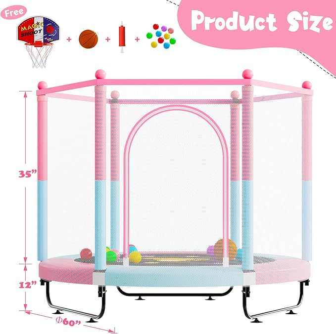 60" Trampoline for Kids, 5 FT Indoor & Outdoor Toddler Baby Trampoline with Basketball Hoop, Safety Enclosure, Birthday Gifts for Kids, Gifts for Boy and Girl, Age 3-8