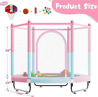 60" Trampoline for Kids, 5 FT Indoor & Outdoor Toddler Baby Trampoline with Basketball Hoop, Safety Enclosure, Birthday Gifts for Kids, Gifts for Boy and Girl, Age 3-8
