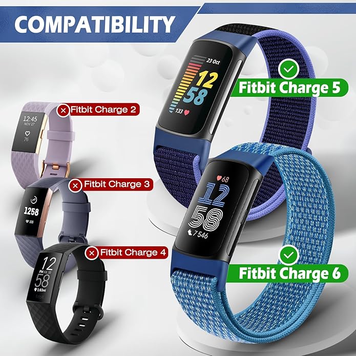 Sport Loop Nylon Watch Bands Compatible with Fitbit Charge 6/5, Adjustable Breathable Replacement Soft Nylon Loop Wristband for Women/Men