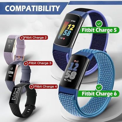 Sport Loop Nylon Watch Bands Compatible with Fitbit Charge 6/5, Adjustable Breathable Replacement Soft Nylon Loop Wristband for Women/Men