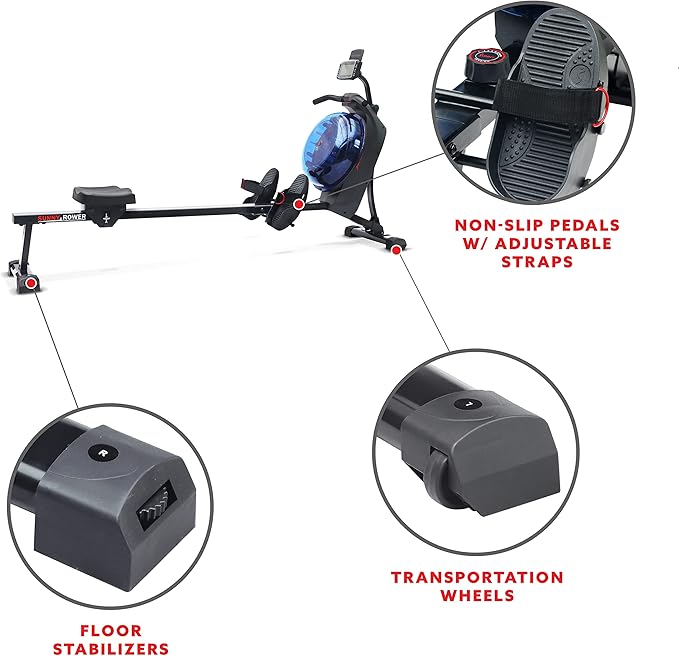 Sunny Health & Fitness Elite Water Rowing Machine with High Dynamic Resistance Vertical Tank, Low-Impact Full-Body Workout and Optional Free SunnyFit App Connectivity