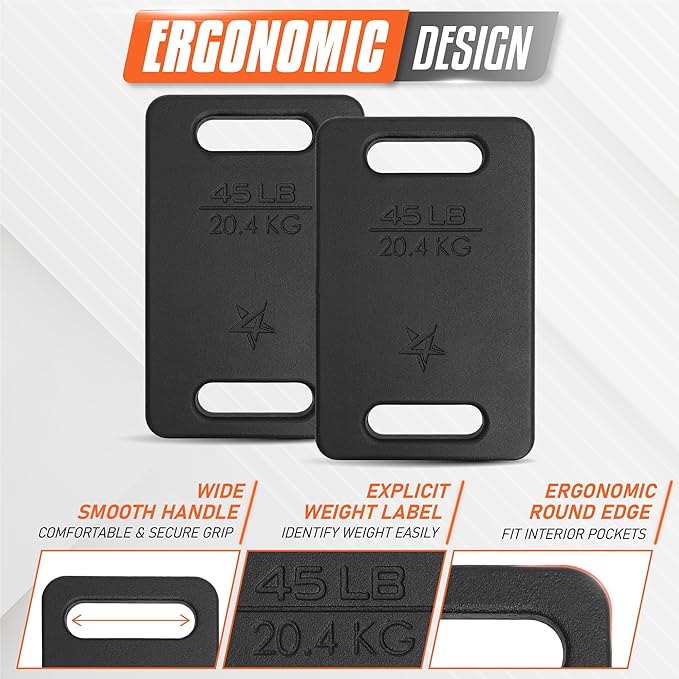 Yes4All Ruck Weight Plate, Cast Iron Rucking Plates with Wide Grip for Swings, Squat, Strength, Weighted Vest Training - Multiple Rucking Weights: 10LB to 45LB