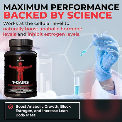 Anabolic Booster & Muscle Builder, T-GAINS Testosterone Supplement for Men, TRT Test Booster & Estrogen Blocker, HGH Supplements for Men - Tongkat Ali Fadogia Agrestis for Muscle Growth, 120 Caps