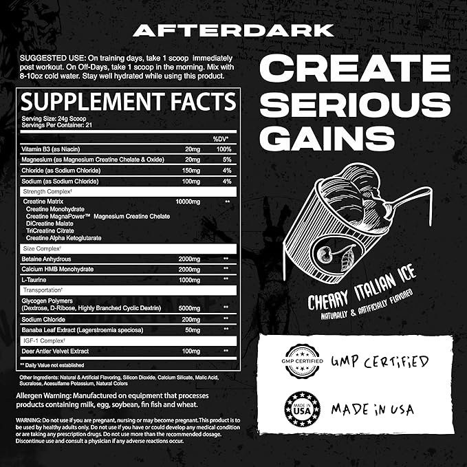 AfterDark Supplements Creation Creatine Monohydrate Powder, 10000mg Creatine Matrix Blend, Promotes Power, Endurance & Muscle Growth, GMP Certified, USA Made, 21 Servings, Cherry Italian Ice