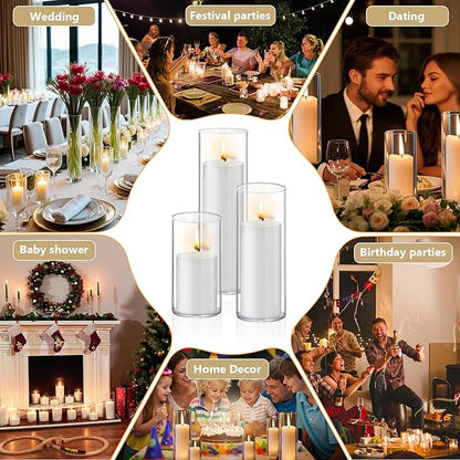 12 PCS White Pillar Candles with Glass Candle Holders Clear Hurricane Candle Holders Glass Cylinder Vases for Centerpieces Wedding Party, Event, Home Office (6 Candles+6 Candle Hoders)