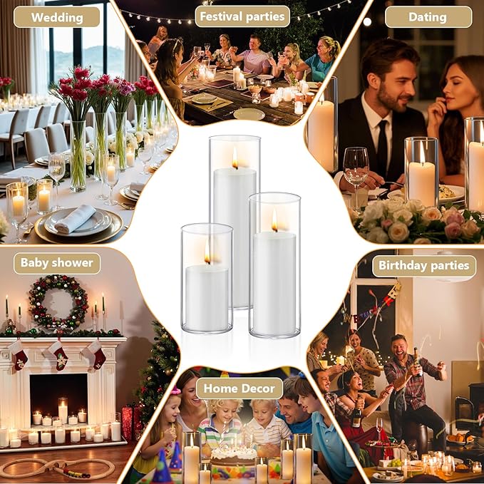 36 PCS White Pillar Candles with Glass Candle Holders Clear Hurricane Candle Holders Glass Cylinder Vases for Centerpieces Wedding Party, Event, Home Office (18 Candles+18 Candle Hoders)
