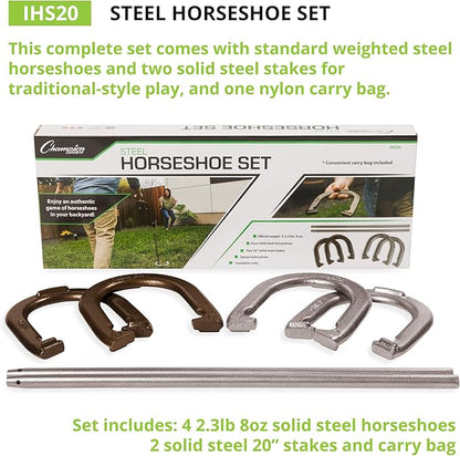 Champion Sports Horseshoe Set: Traditional Outdoor Lawn Game includes Four Professional Solid Steel Horseshoes with Solid Steel Stakes & Carrying Storage Case