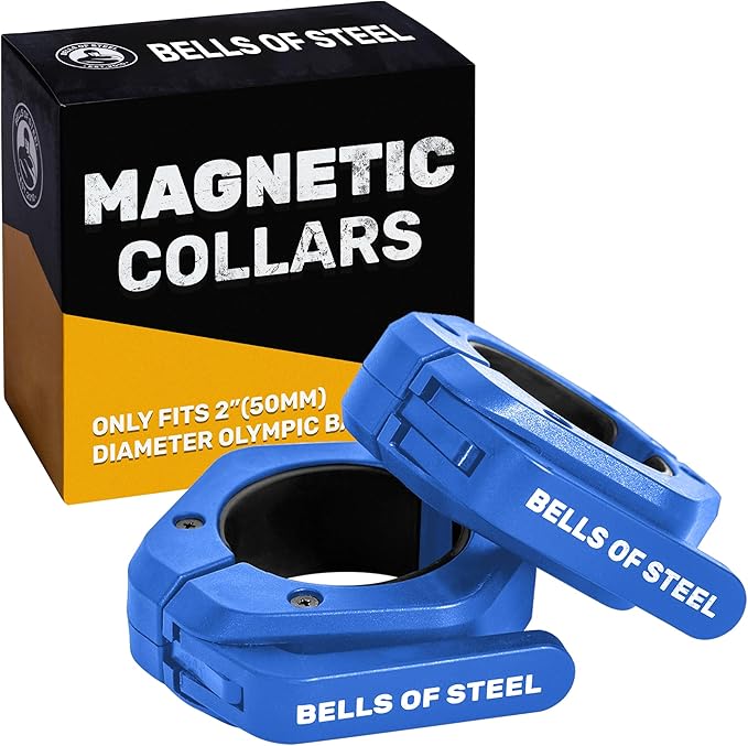 Magnetic Barbell Collars [Bells of Steel] Premium Weight Bar Clamps, Quick Release Barbell Clips, Olympic Barbell Clamps, High Strength Nylon Gym Clips, Pair, Blue