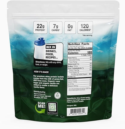 Opportuniteas Grass Fed Vanilla Whey Protein Isolate Powder - 22g Protein Powder Without Artificial Sweeteners, Hormone-Free Cows, Non GMO - 2.5lb
