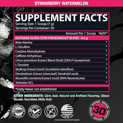 Outrage Ultra HIGH STIM Pre-Workout Powder for Men | 400mg Caffeine, L-Citrulline, Beta-Alanine, Creatine | Extreme Energy, Focus, Strength & Endurance (30 Servings, Strawberry Watermelon)