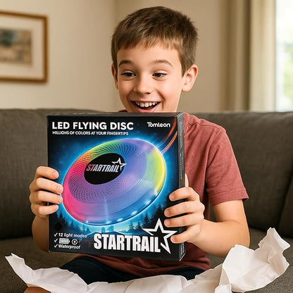 TOMLEON LED Flying Disc with Millions of Colors, Rechargeable & Waterproof, Smart Light Modes, Light-Up 175g - Frisbee for Outdoor Fun, Camping, Birthdays for Men, Boys, Teens, & Kids