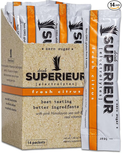 Superieur Electrolyte Powder Packets - Vegan Electrolyte Hydration Powder w/Sea Minerals - Keto Friendly, Non-GMO, Zero Sugar Electrolyte Supplement - Healthy Sports Drink - Citrus (14 Packets)