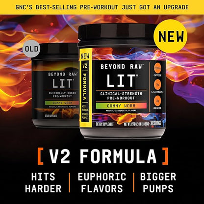 BEYOND RAW LIT V2 Clinical Strength Pre Workout Powder, Hits Harder, Bigger Pumps, Caffeine, L-Citrulline, Creatine, Gummy Worm, 30 Servings