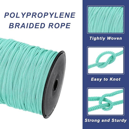 MECCANIXITY 3/16 Inch Polypropylene Rope Braided Ropes, 328ft Nylon Rope Hollow Utility Cord for Clothesline, Camping, Hiking, Outdoor, Light Blue