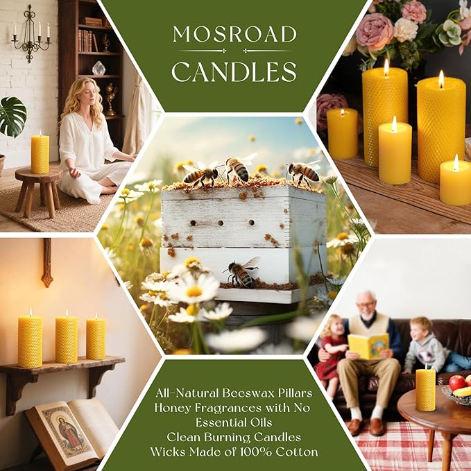 3x6 Rolled Beeswax Candles, 2 Packs, Handcrafted Honeycomb Beeswax Pillar Candles, Natural Pure Bees Wax Candle Farm Gifts for Home Decor, Candle Lovers, Air Purify