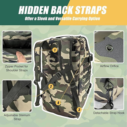 65L Large Travel Duffle Bag Military Tactical Backpack, Army Assault Pack 3 Day Bug Out Rucksack for Outdoor Sports Hiking Camping with Molle System, Woodland