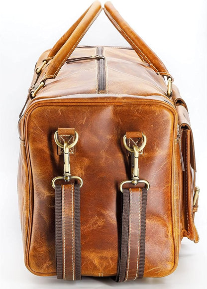 KomalC 28 inch Duffel Bag Travel Sports Overnight Weekend Leather Duffle Bag for Gym Sports Cabin Holdall bag (Distressed Tan)