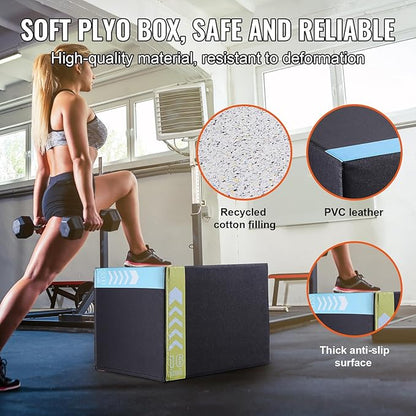 VEVOR 3 in 1 Plyometric Jump Box, Cotton Plyo Box, Platform & Jumping Agility Box, Anti-Slip Fitness Exercise Step Up Box for Home Gym Training, Conditioning Strength Training, Multiple Sizes, Black