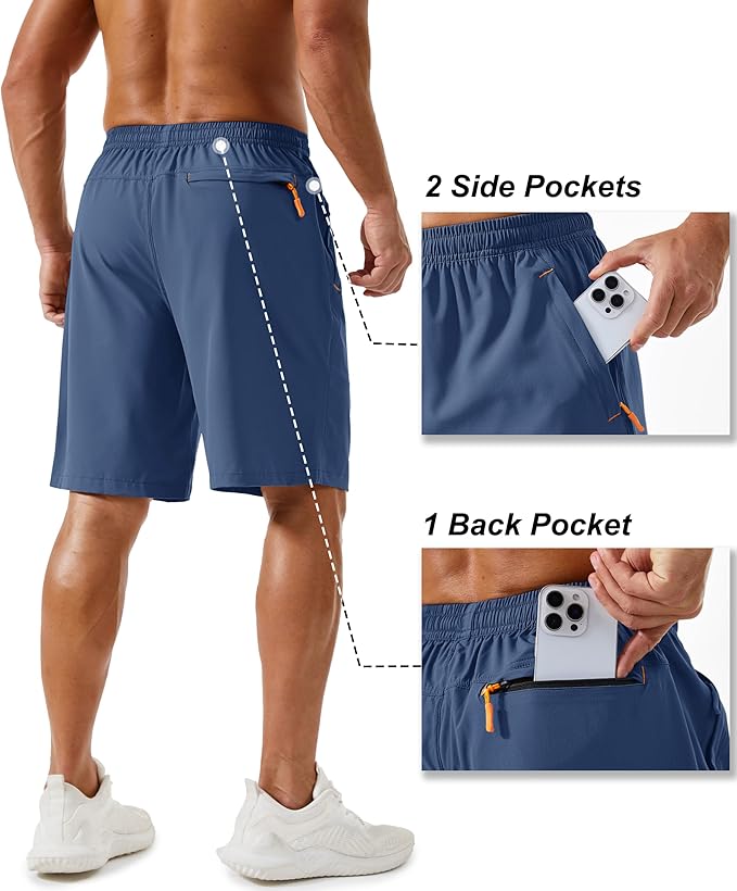 TACVASEN Men's Running Athletic Shorts 9" Quick Dry Workout Gym Shorts Lightweight Summer Shorts 3 Zipper Pockets