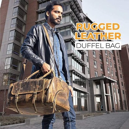 KomalC 24 Inch Leather Duffel Bags for Men and Women Full Grain Leather Travel Overnight Weekend Leather Bags Sports Gym Duffle for Men (Brown Tan with shoe pocket)
